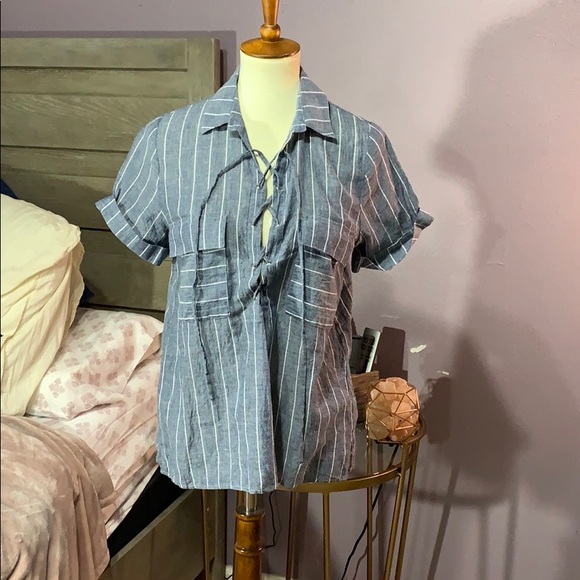entro Tops - Entro Lace Up Faux Denim Pinstripe Top Blouse S